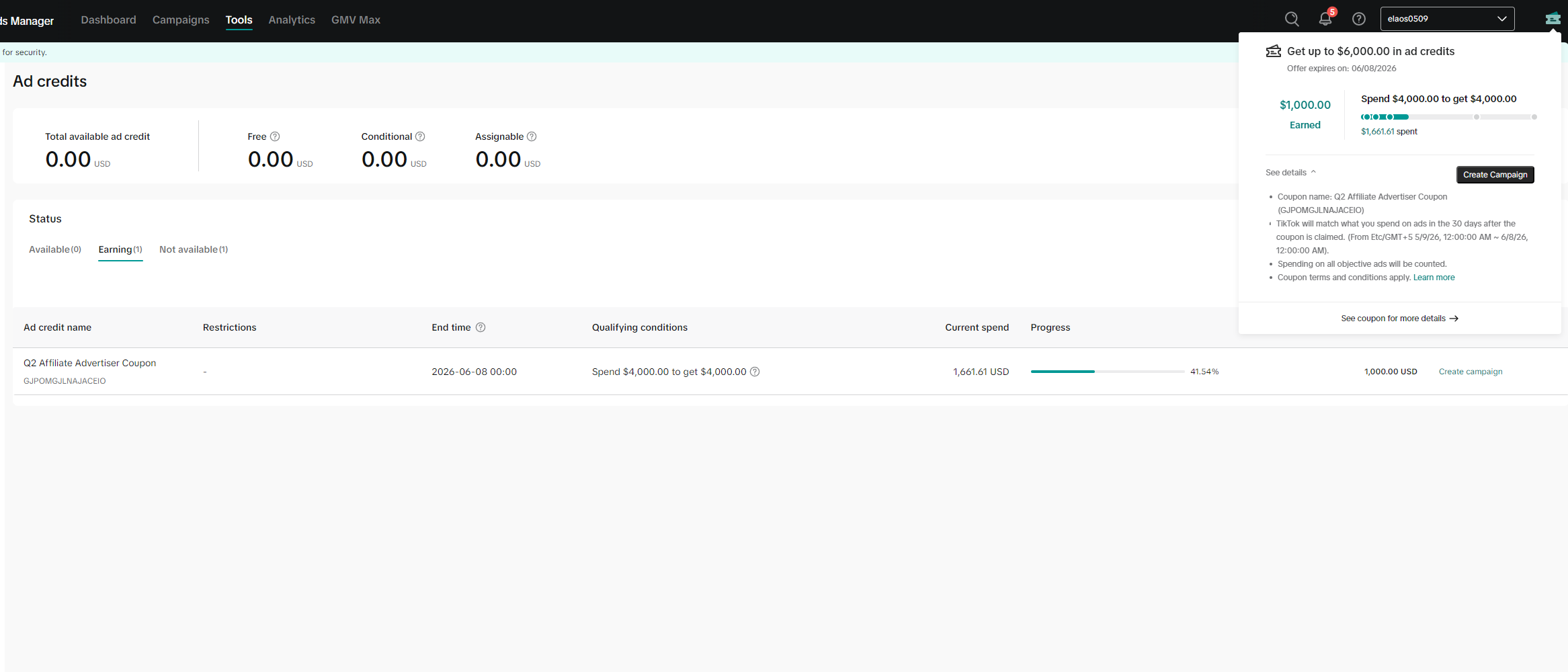 TikTok Ads credit earning progress popover