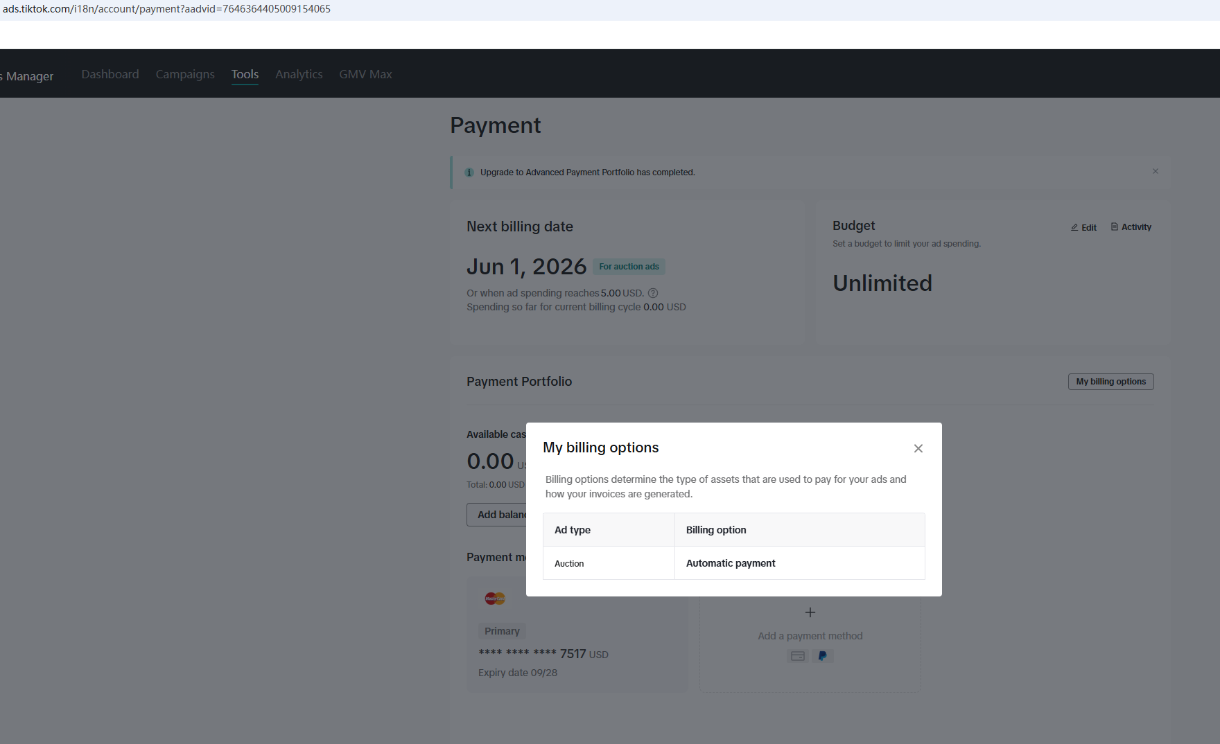 TikTok Ads billing options after payment setup