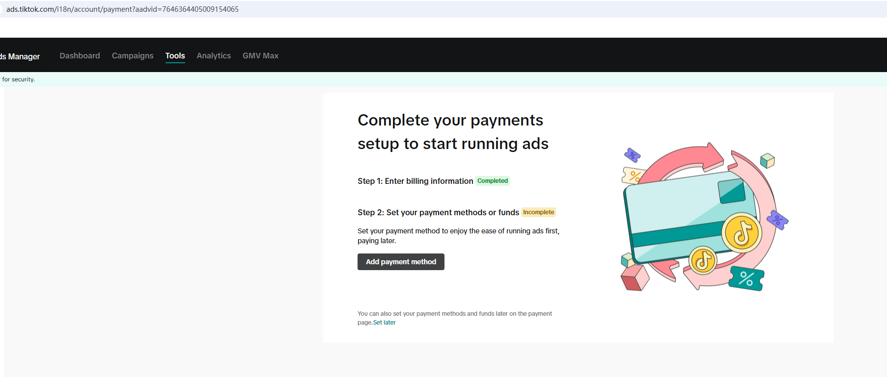 TikTok Ads payment method entry page