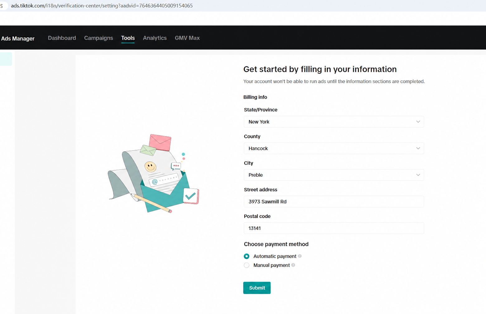 TikTok Ads billing address and payment setup page