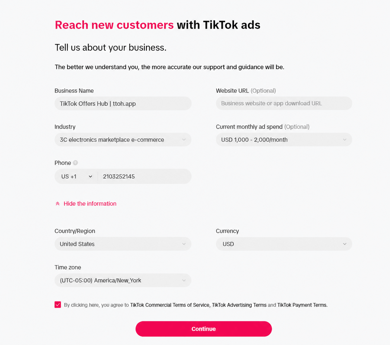 TikTok Ads business information page